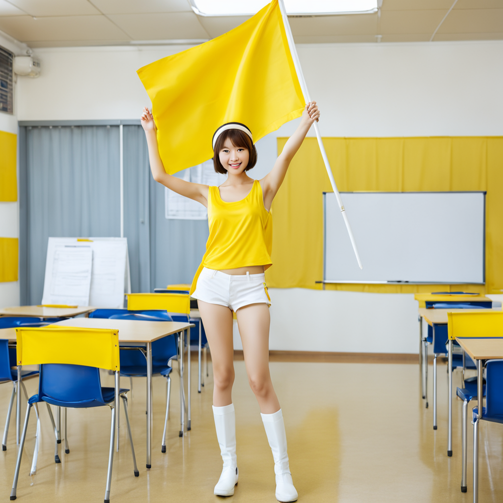 best quality,8k, realistic, masterpiece, RAW photo, full body, a tall Japanese large breasts wide-hipped short bobbed haired intelligent beautiful girl waving a huge yellow flag at polling place, wearing yellow headbands, yellow tanktops with a large open chest area, white tight silky hotpants, white boots, long boots.
