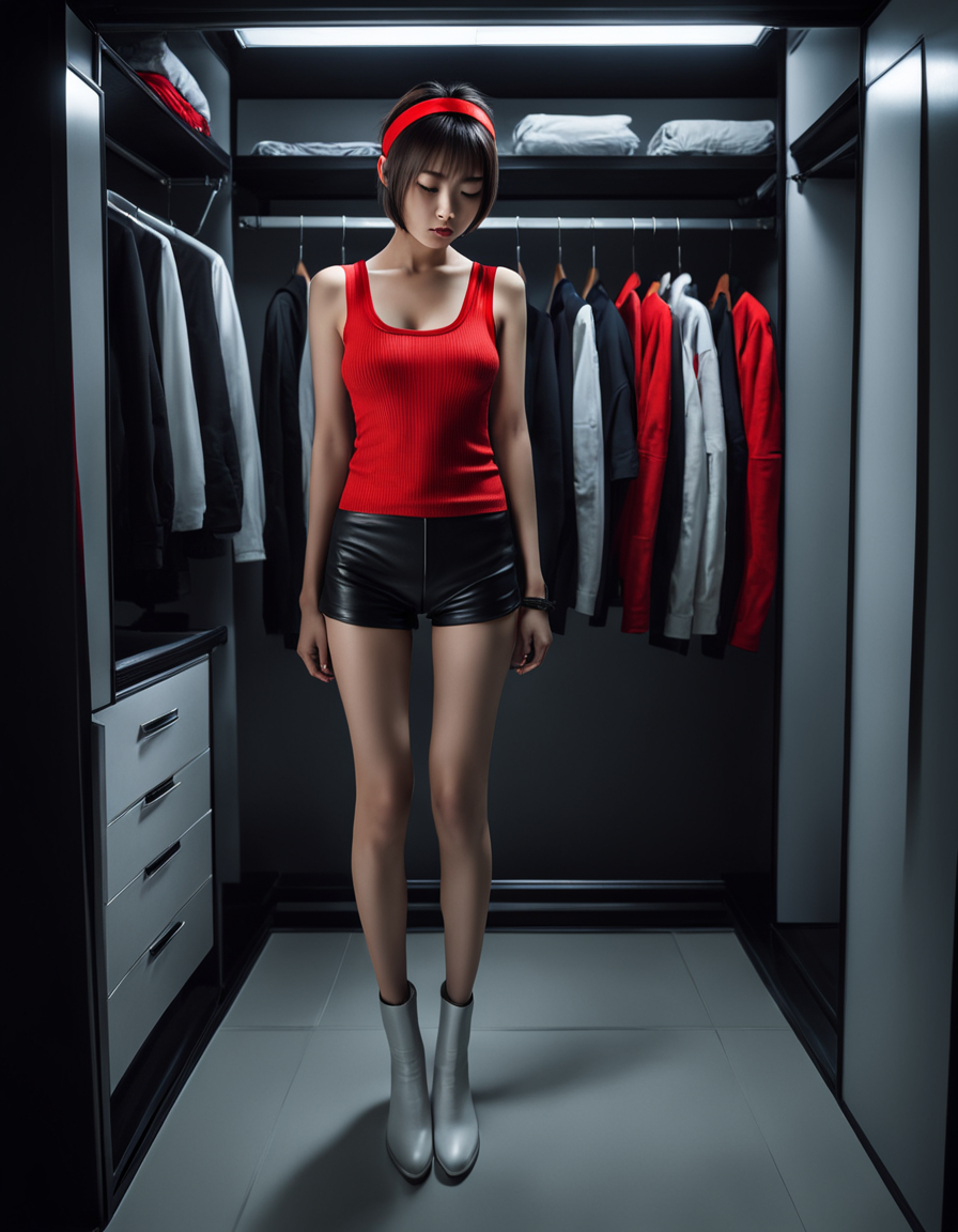 best quality, realistic, RAW photo, side view, a tall ((Japanese)) large breasts wide-hipped short bobbed haired intelligent beautiful girl, cool beauty, looks sad, wearing ((red headbands)), ((red tanktops with a large open chest area)), ((black tight leather hotpants)), ((white long boots)), turning her back on the closet with silver clothes in dark room at midnight.