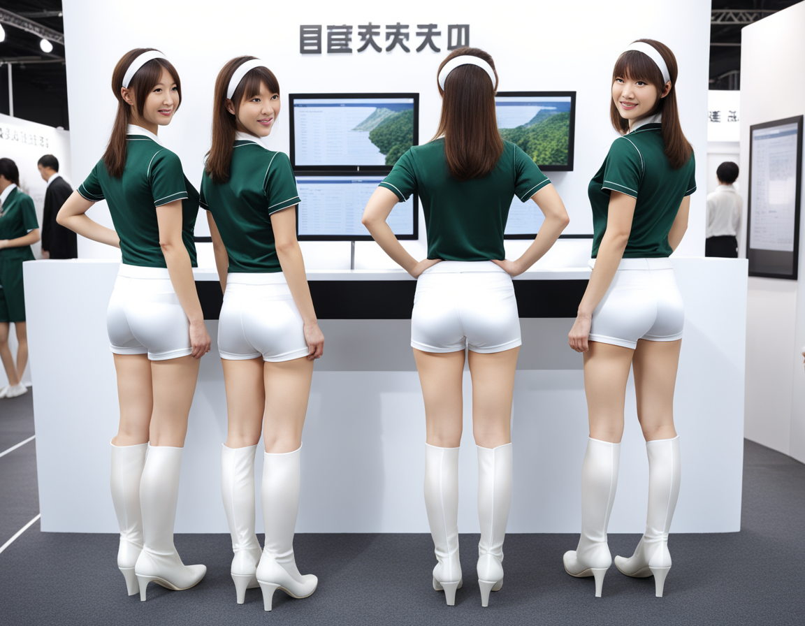 best quality, realistic, RAW photo, back view, full body, 3girls, 3 tall ((Japanese)) large breasts wide-hipped short bobbed haired intelligent beautiful young female receptionists are standing and waving their hands in front of their booth at the exhibition, cool beauty.