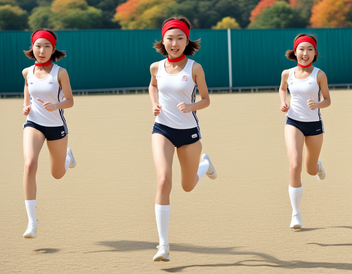best quality, realistic, RAW photo, extremely detailed, 3girls, tall ((Japanese)) large breasts wide-hipped short bobbed haired intelligent beautiful 18yo girls are running so fast at the athletic festival in autumn, exciting, cool beauty.
