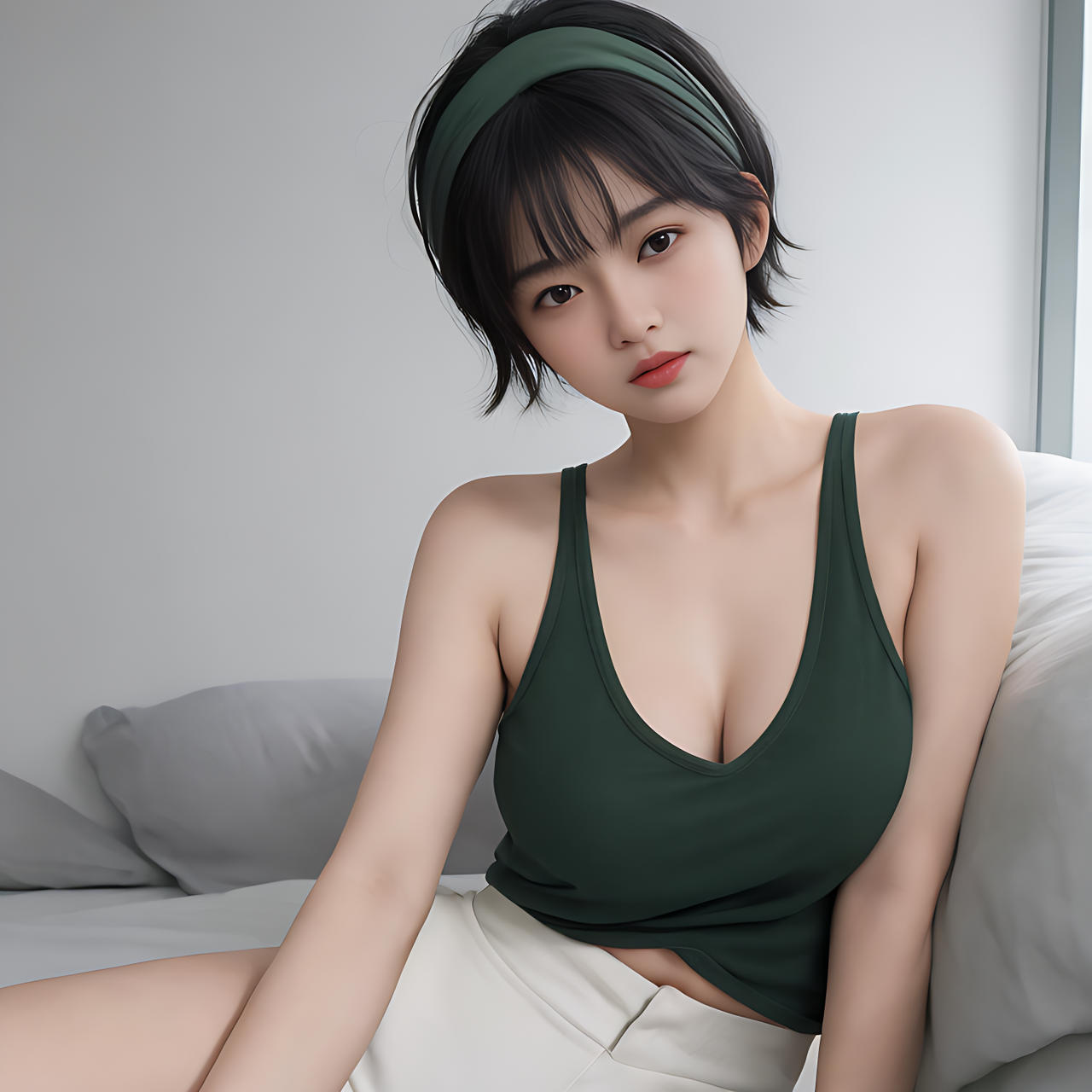 best quality,8k, realistic, masterpiece, RAW photo, a tall Japanese voluptuous short-haired intelligent beautiful girl lying on the bed at the hospital, twisting and gasping, wearing dark green headband, white hotpants, dark green tanktops, white long boots.