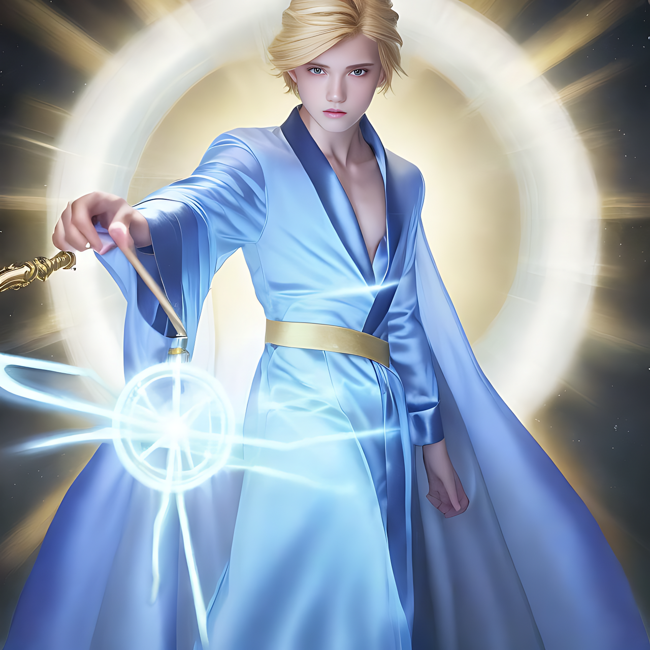 a 16yo male wizard with blond hair, wearing light blue robe and magic wand.