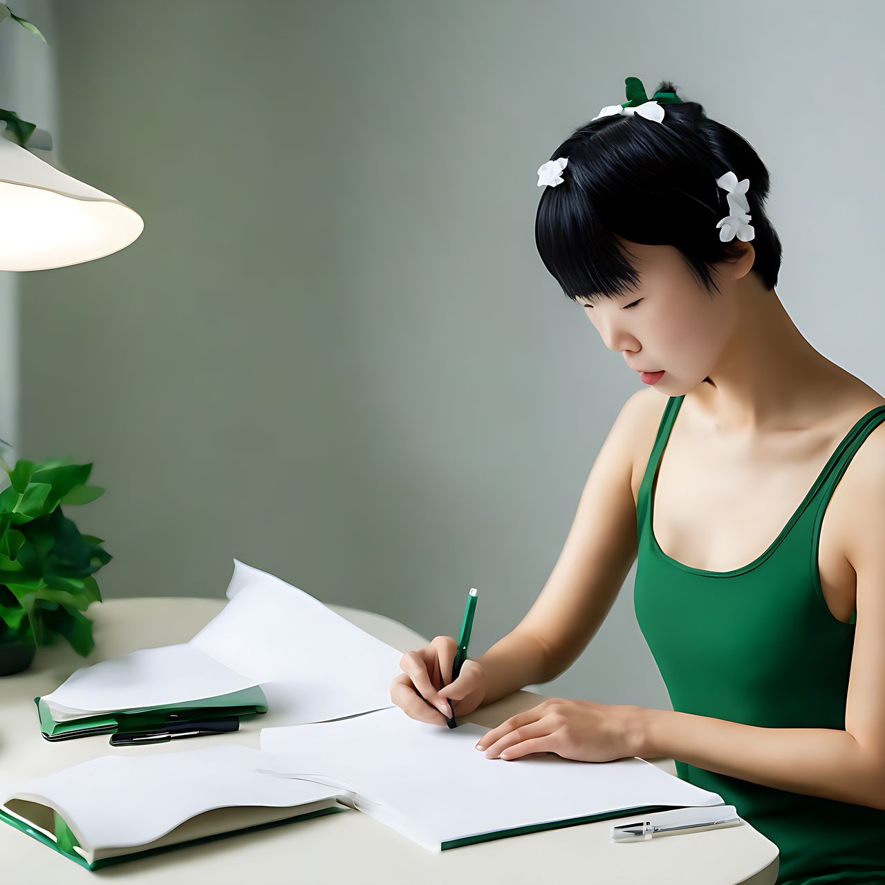 a tall Japanese voluptuous short-haired intelligent beautiful girl writing note at her desk, wearing dark green headband, white hot pants, dark green tank top, white long boots.
