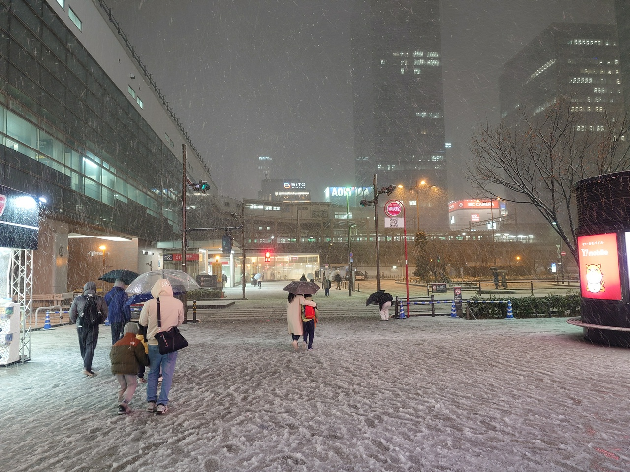 雪景色のヨドバシAkiba第2エントランス前(2024年2月5日(月)19:49頃撮影)
