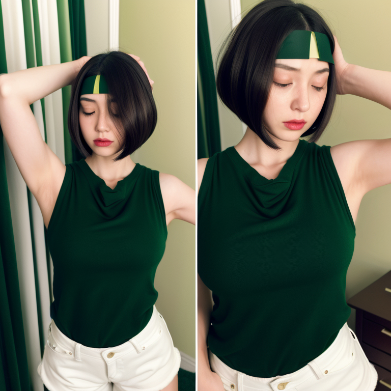 best quality,8k, realistic, masterpiece, RAW photo, a tall Japanese voluptuous short-haired intelligent beautiful girl having a bad headache in her room, wearing dark green headband, dark green tanktops with a large open chest area, white tight hotpants, white long boots.