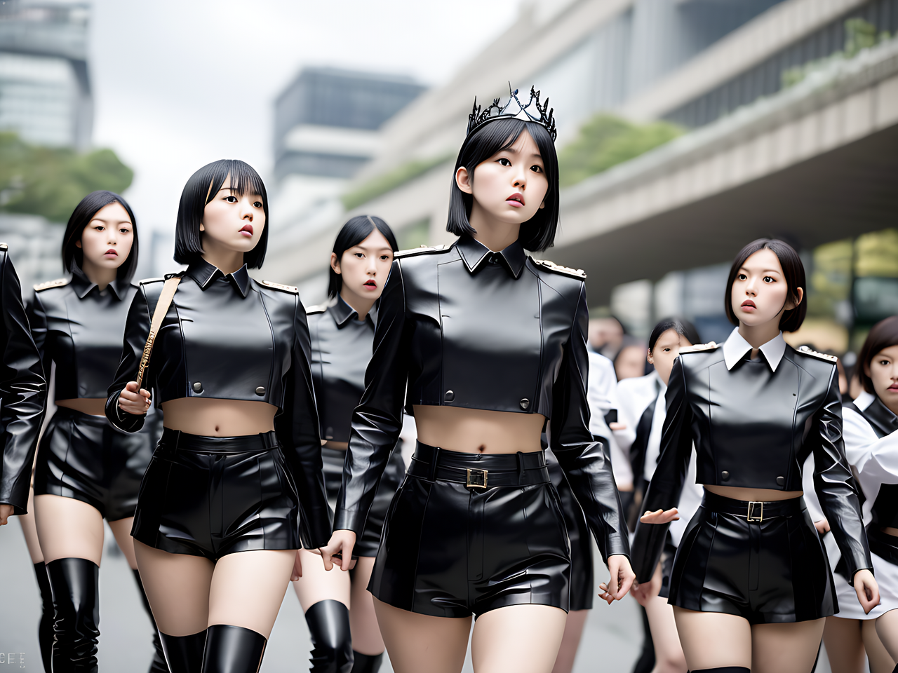 best quality,8k, realistic, masterpiece, RAW photo, low angle shot, Many tall Japanese voluptuous short-haired intelligent beautiful evil girls are forming lines and marching in the city in the cloudy day.
