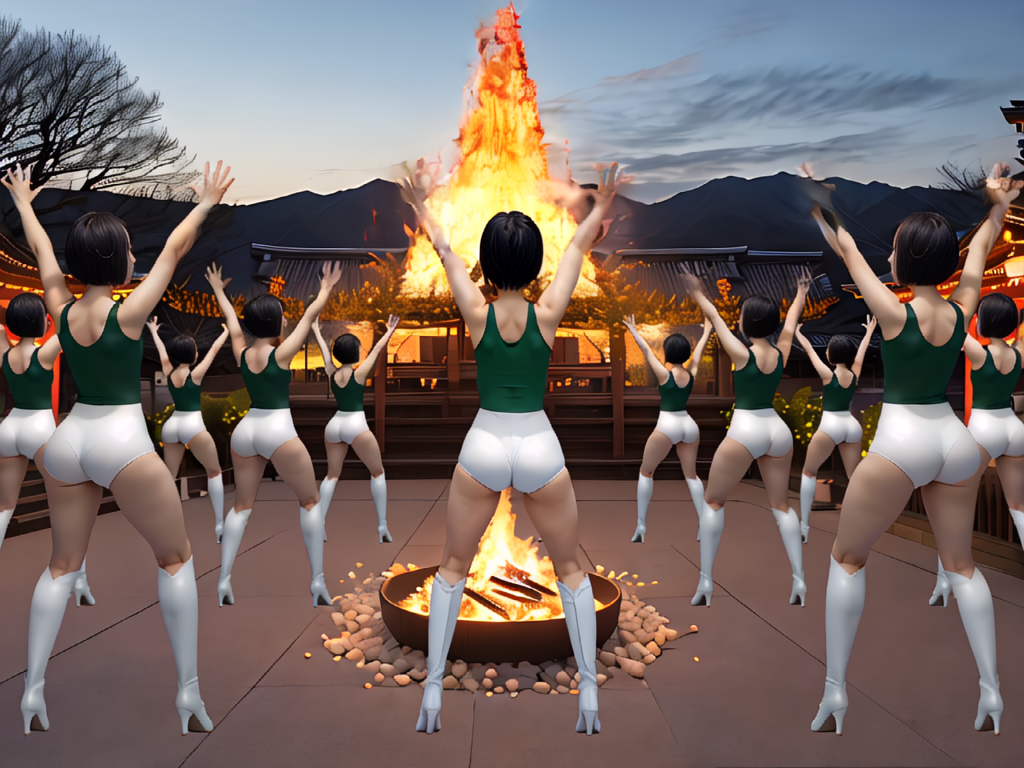 best quality,8k, realistic, masterpiece, RAW photo, back view, Some tall Japanese voluptuous short-haired intelligent beautiful girls are dancing to pray for rain in front of the temple.