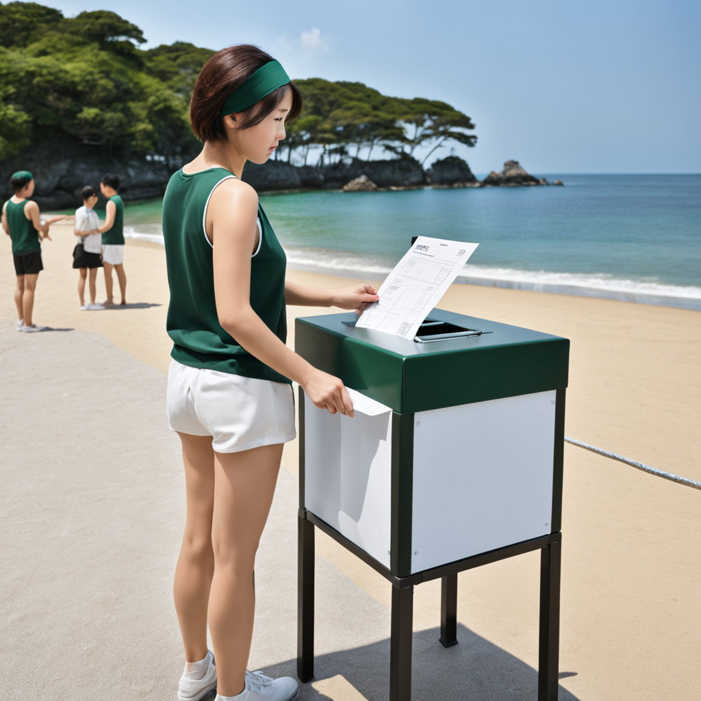 best quality,8k, realistic, masterpiece, RAW photo, full body, high angle shot, a tall Japanese voluptuous short-haired intelligent beautiful girl putting ballot paper into a ballot-box at a polling station in front of the beach in summer, wearing dark green headband, dark green tanktops with a large open chest area, white tight silky hotpants, white long boots.