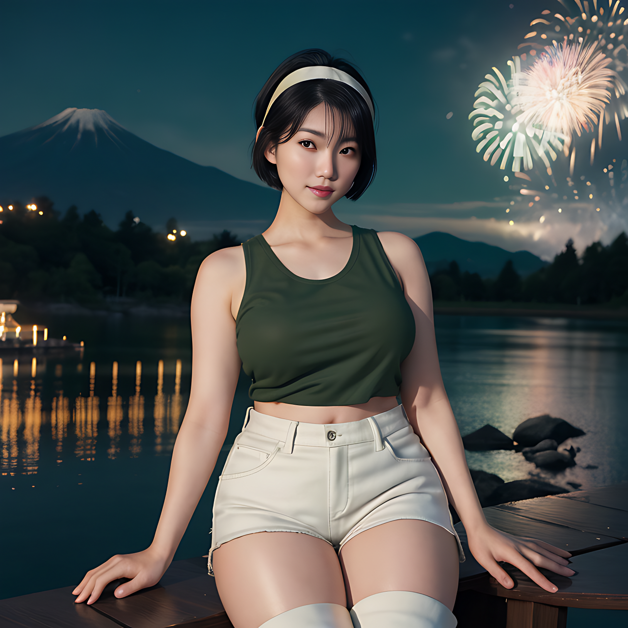 best quality,8k, realistic, masterpiece, RAW photo, a tall Japanese voluptuous short-haired intelligent beautiful girl watching fireworks, wearing dark green headband, white hotpants, dark green tanktops, white long boots.