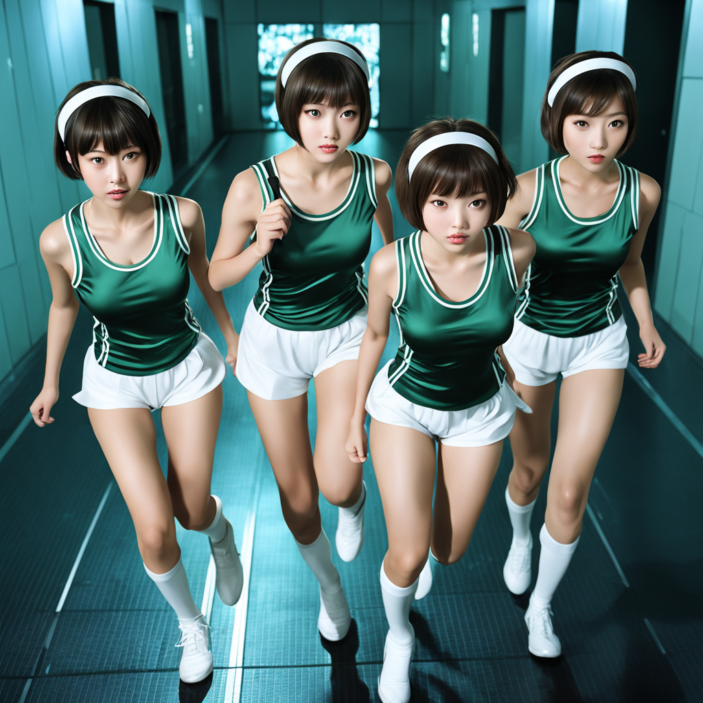 best quality, realistic, RAW photo, high angle shot, 3girls, 3 tall ((Japanese)) large breasts wide-hipped short bobbed haired intelligent beautiful girls are running at the cyber space at midnight, cool beauty, exciting.