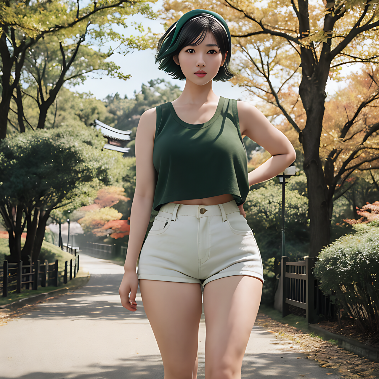best quality,4k, realistic, masterpiece, RAW photo, front view, a tall Japanese voluptuous short-haired intelligent beautiful girl walking in the park in autumn, wearing dark green headbands, white tight hotpants, dark green tanktops, white boots.