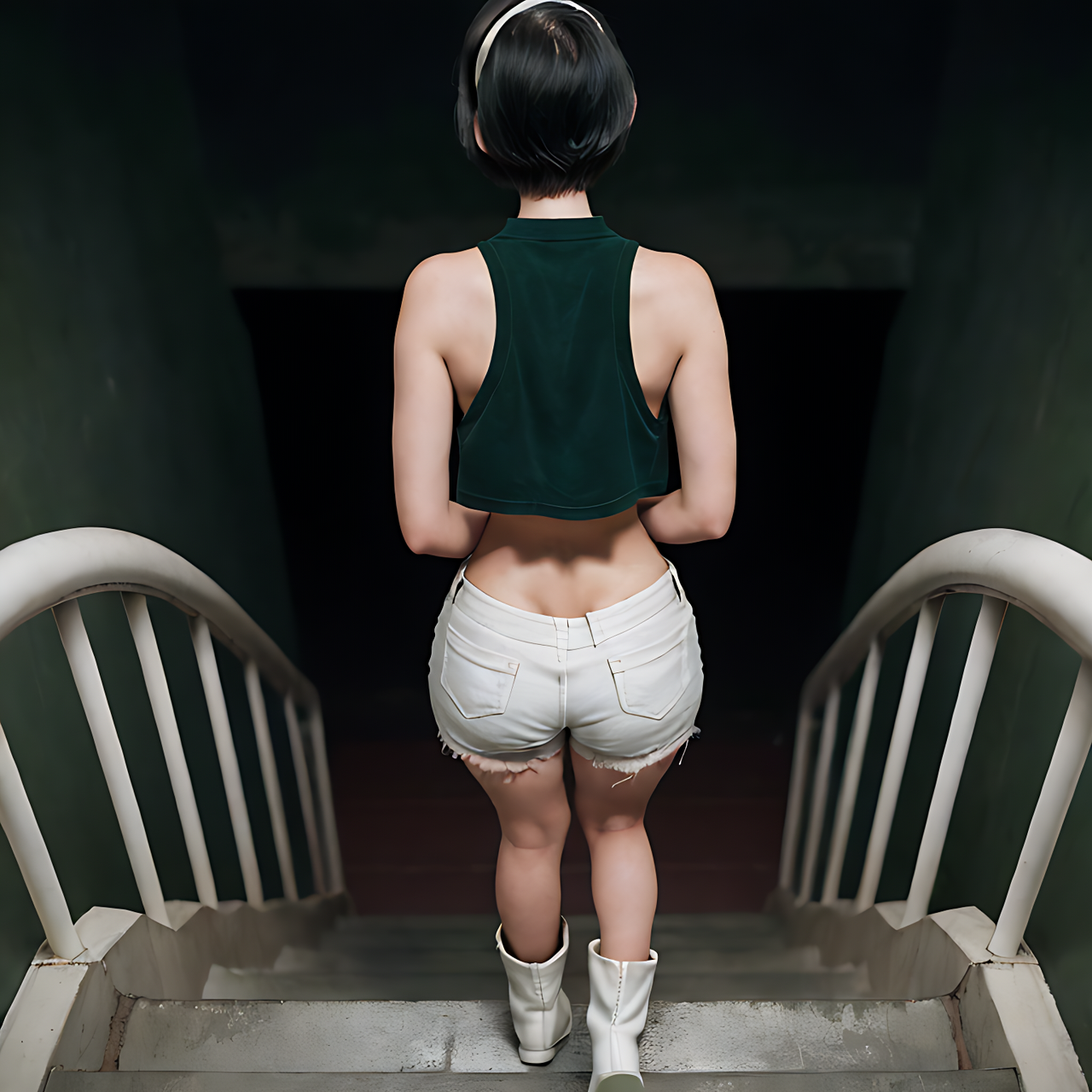 best quality,4k, realistic, masterpiece, RAW photo, back view, a tall Japanese voluptuous short-haired intelligent beautiful girl going down the spiral staircase, looking down on the underground, wearing dark green headband, white tight hotpants, dark green tanktops, white long boots.