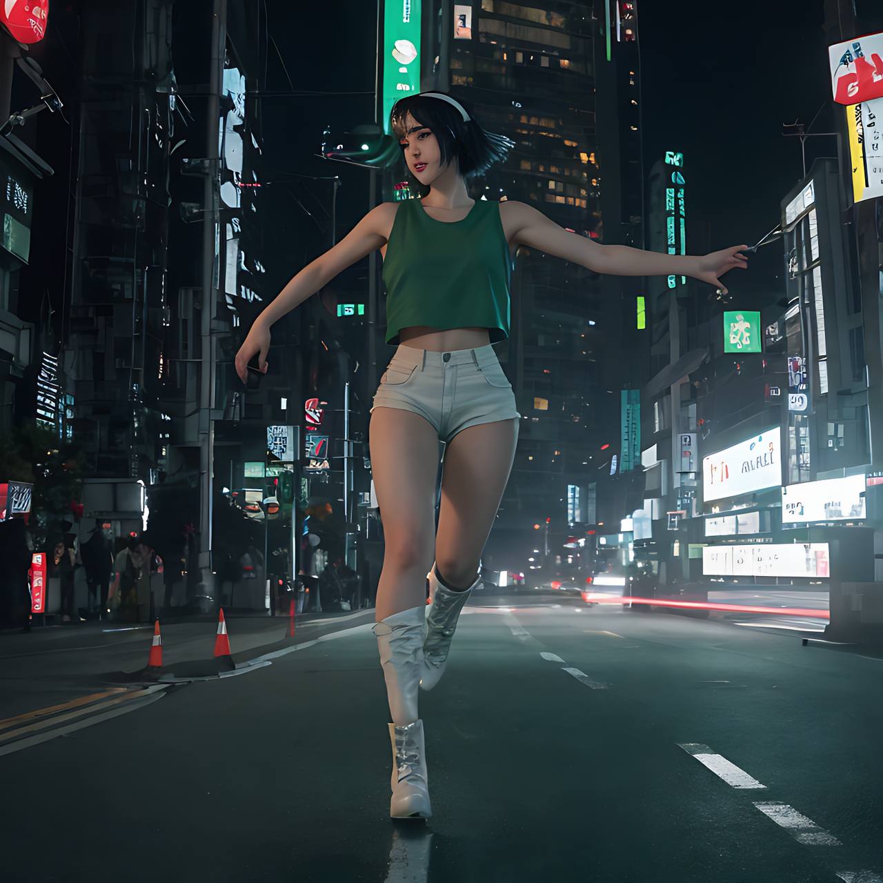 best quality,8k, realistic, masterpiece, RAW photo, full body, front view, a tall Japanese voluptuous short-haired intelligent beautiful girl running very fast in the cybercity at midnight in the moonlight, cyberpunk fantasy, green backlight, wearing dark green headband, white tight hotpants, dark green tanktops, white long boots.