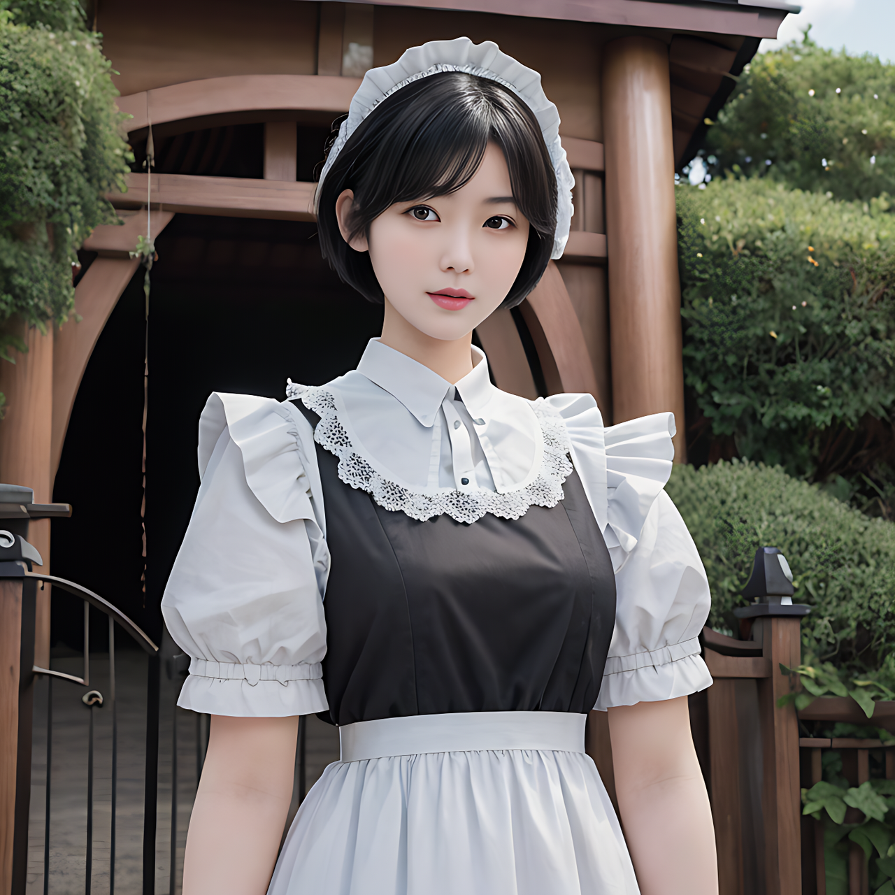 best quality,8k, realistic, masterpiece, RAW photo, a tall Japanese voluptuous short-haired intelligent beautiful girl standing in front of the gate of her house, wearing French maid uniforms.
