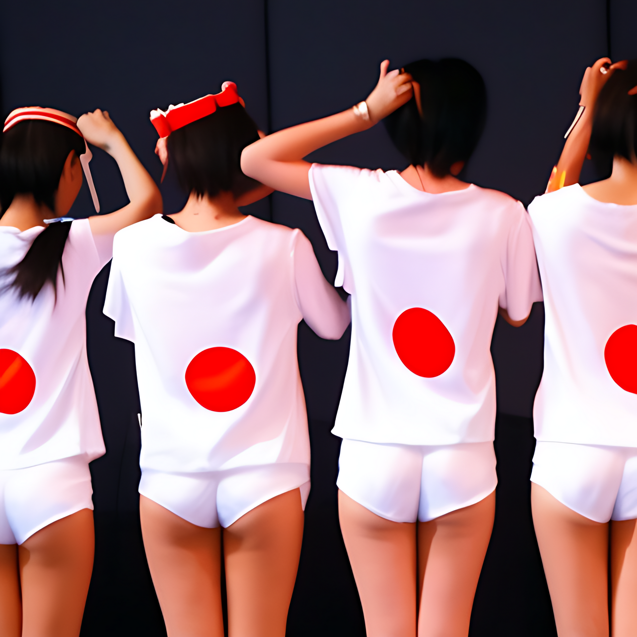 tall Japanese girls are forming a scrum and opening their legs in front of the Imperial throne at midnight.