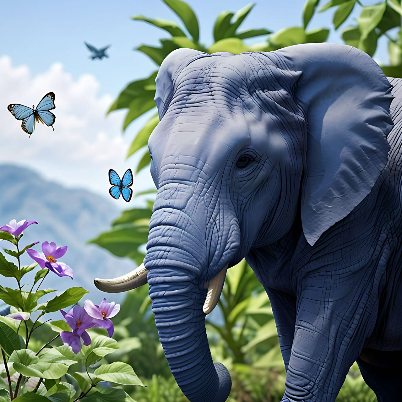 best quality,8k, realistic, masterpiece, RAW photo, a blue butterfly and a blue elephant.