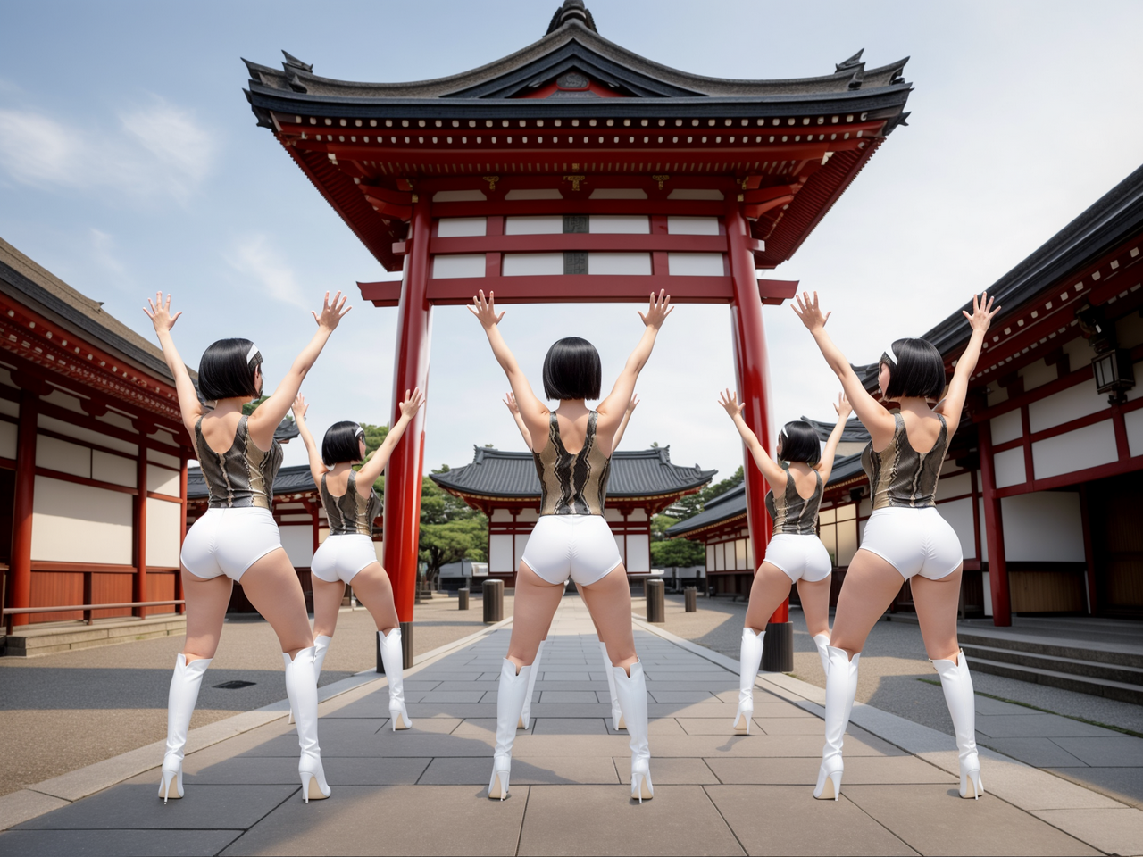 best quality,8k, realistic, masterpiece, RAW photo, back view, tall Japanese voluptuous short-haired intelligent beautiful girls are dancing in front of the shrine, exciting.