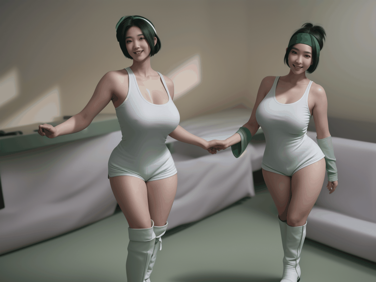 【グラボ換装後初めて生成したAI動画】best quality,8k, realistic, masterpiece, RAW photo, front view, a tall Japanese voluptuous short-haired intelligent beautiful girl dancing with joy in front of her gaming PC, wearing dark green headband, white tight hotpants, dark green tanktops with a large open chest area, white long boots.