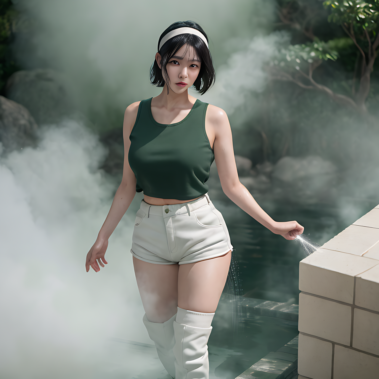 best quality,8k, realistic, masterpiece, RAW photo, a tall Japanese voluptuous short-haired intelligent beautiful girl walking sweating heavily in a steam bath, wearing dark green headband, white hotpants, dark green tanktops, white long boots.