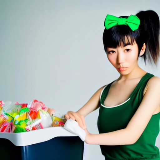 a tall Japanese large-hipped short-haired intelligent beautiful girl dropping some sweets into the trash box saddly in her room, wearing dark green headband, white gymnastic knickers, dark green tank tops, white boots.
