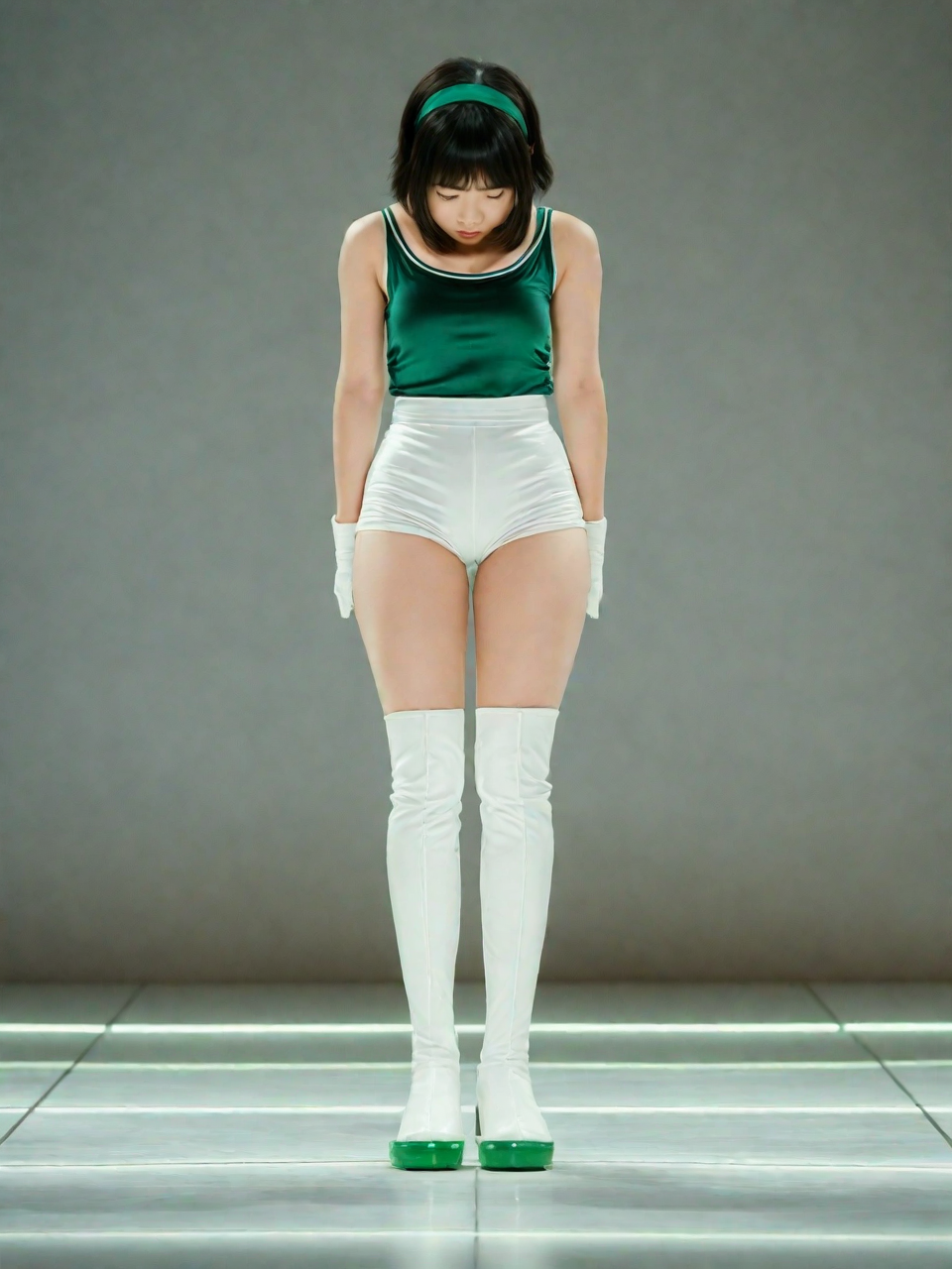 best quality, realistic, RAW photo, front view, extremely detailed, full body, a tall ((Japanese)) large breasts wide-hipped fluffy bob cut intelligent beautiful girl standing erect and bowing politely on stage, cool beauty, wearing ((dark green headbands)), ((dark green tanktops)), ((white tight silky shorts)), ((white knee boots)).