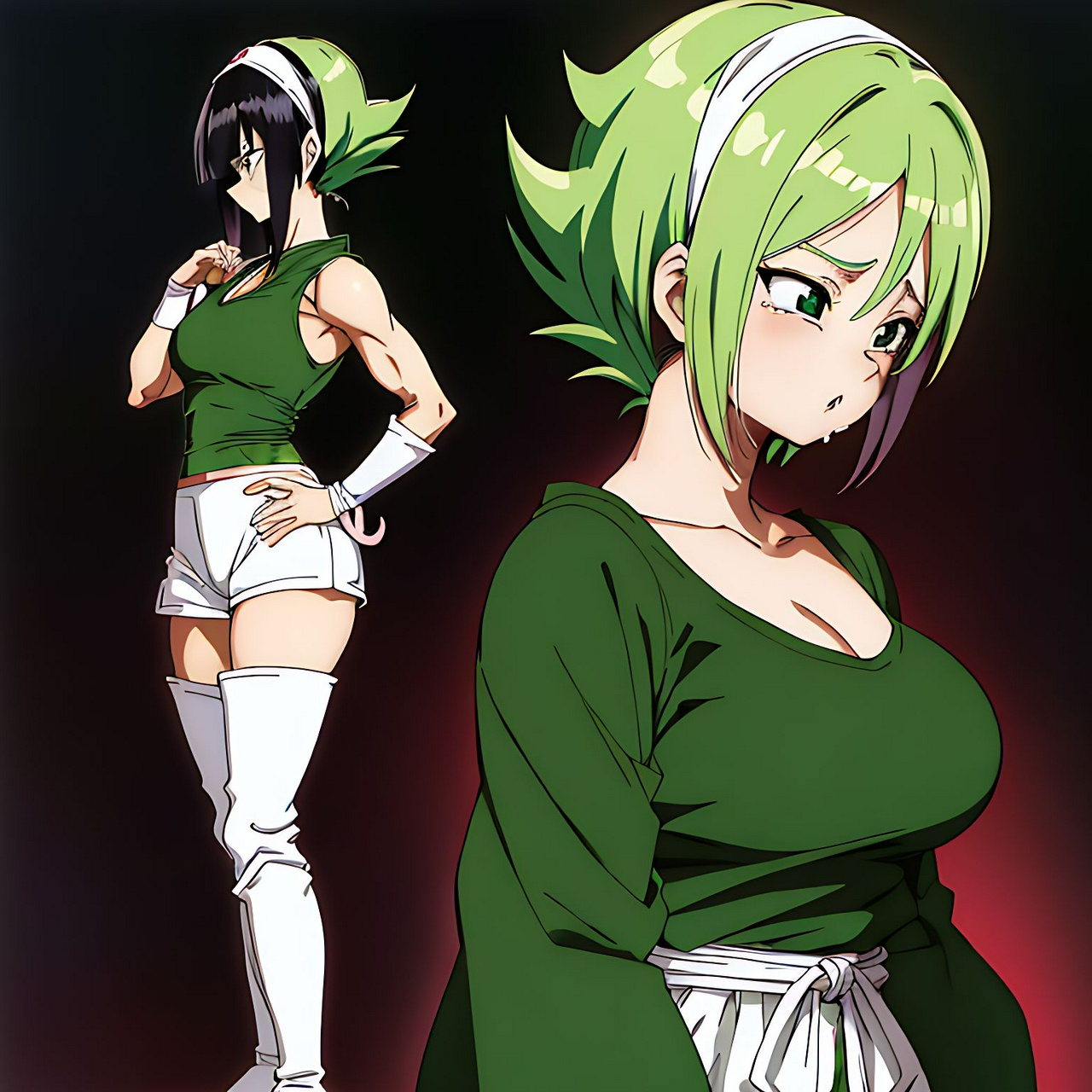best quality,4k, anime like DRAGON BALL, masterpiece, draw by Toriyama Akira, full body, side view, a tall Japanese voluptuous short-haired intelligent beautiful girl standing and crying in the dark room sorrow, wearing dark green headband, dark green tanktop with a large open chest area, white tight hotpants, white long boots.