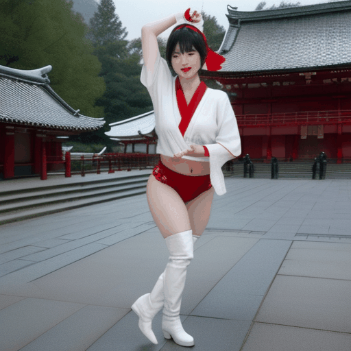 best quality,8k, realistic, masterpiece, RAW photo, front view, a tall Japanese voluptuous short-haired intelligent beautiful girl dancing seductively at the plaza in front of shrine, wearing red headband, red gymnastic knickers, white shrine maiden cloth, white long boots.