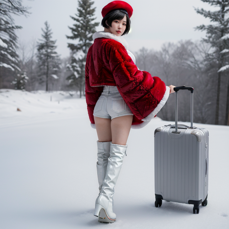 best quality,8k, realistic, masterpiece, RAW photo, back view, a full body portrait of a tall Japanese voluptuous short-haired intelligent beautiful girl taking her large suitcase in winter, wearing white tight silky hotpants, red tanktops, white long boots, red pointy hat, and red fur coat.