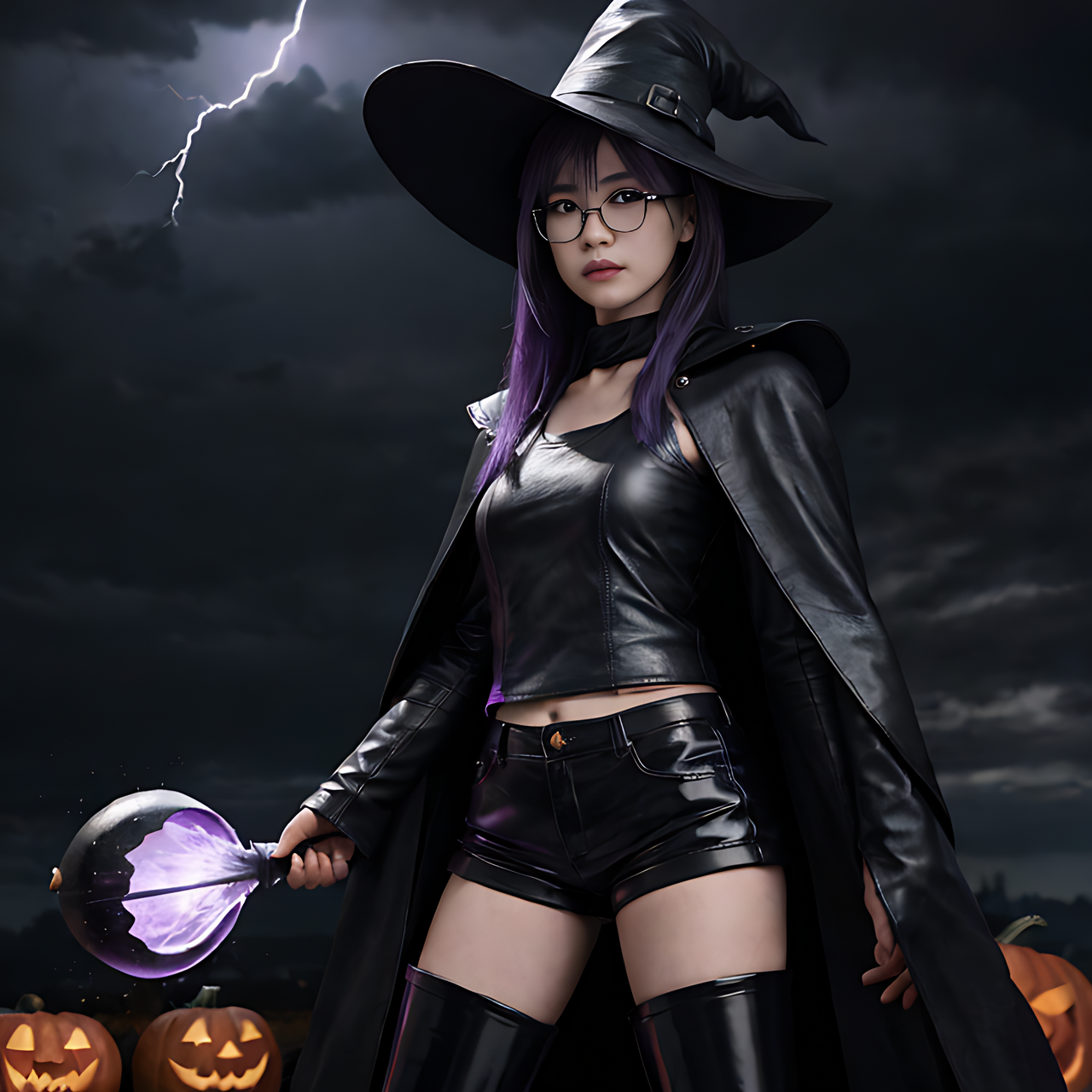 best quality,8k, realistic, masterpiece, RAW photo, front view, A Japanese young tall witch who wears glasses, black pointy hat, purple tanktops, black leather hotpants, black long boots, black overcoat, is using magic to fight against some Jack O'lanterns in thunderstorm.