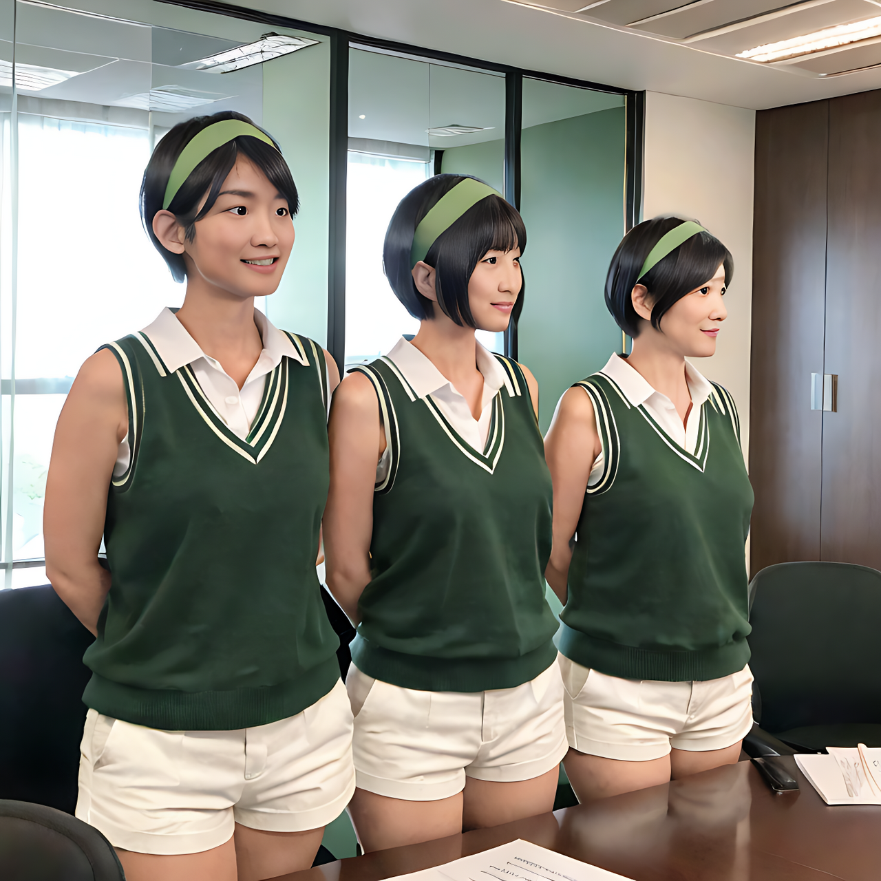 best quality,8k, realistic, masterpiece, RAW photo, Some tall Japanese voluptuous short-haired intelligent beautiful girls are attending the meeting at the office.