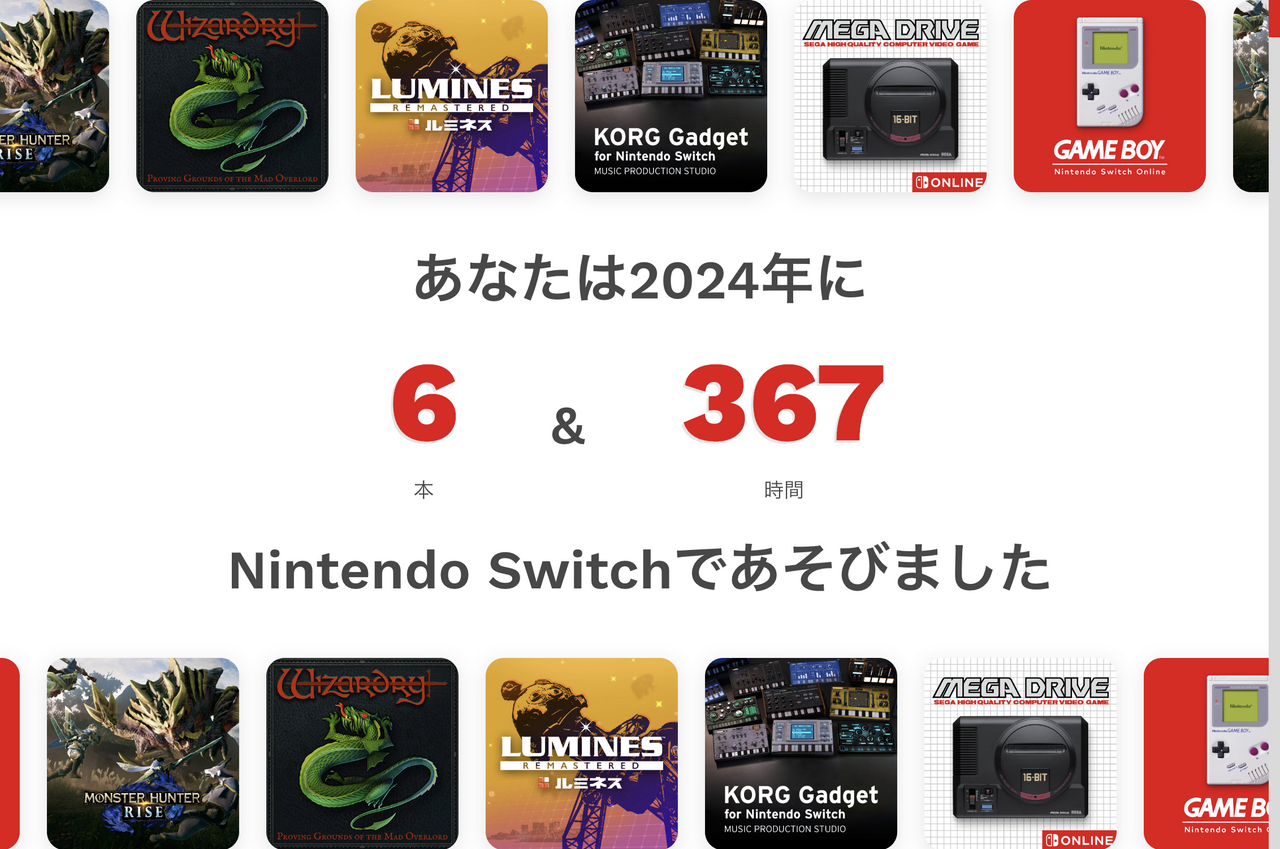 あなたは2024年に 6本 & 367時間 Nintendo Switchであそびました