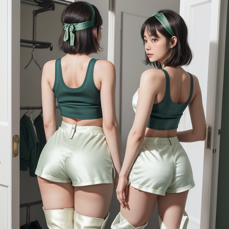 best quality,8k, realistic, masterpiece, RAW photo, back view, a tall Japanese voluptuous short-haired intelligent beautiful girl watching the closet and taken aback by empty cloth hangers, wearing ((dark green headband)), ((white tight silky hotpants)), ((dark green tanktops with a large open chest area)), ((white long boots)).