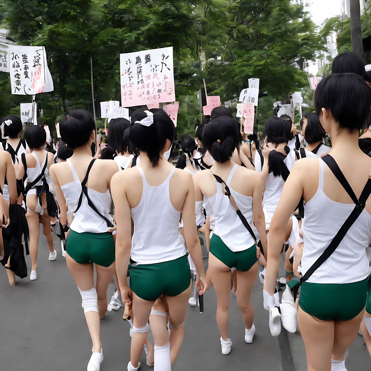 back view, Many tall Japanese voluptuous short-haired intelligent beautiful girls are marching in the demonstration.