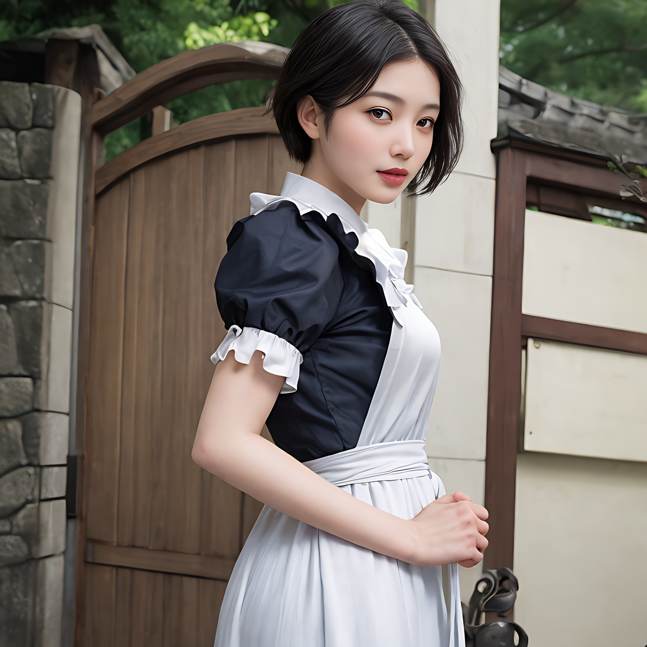 best quality,8k, realistic, masterpiece, RAW photo, side view, a tall Japanese voluptuous short-haired intelligent beautiful maid greeting in front of the gate of her master's house, wearing classic maid dress.