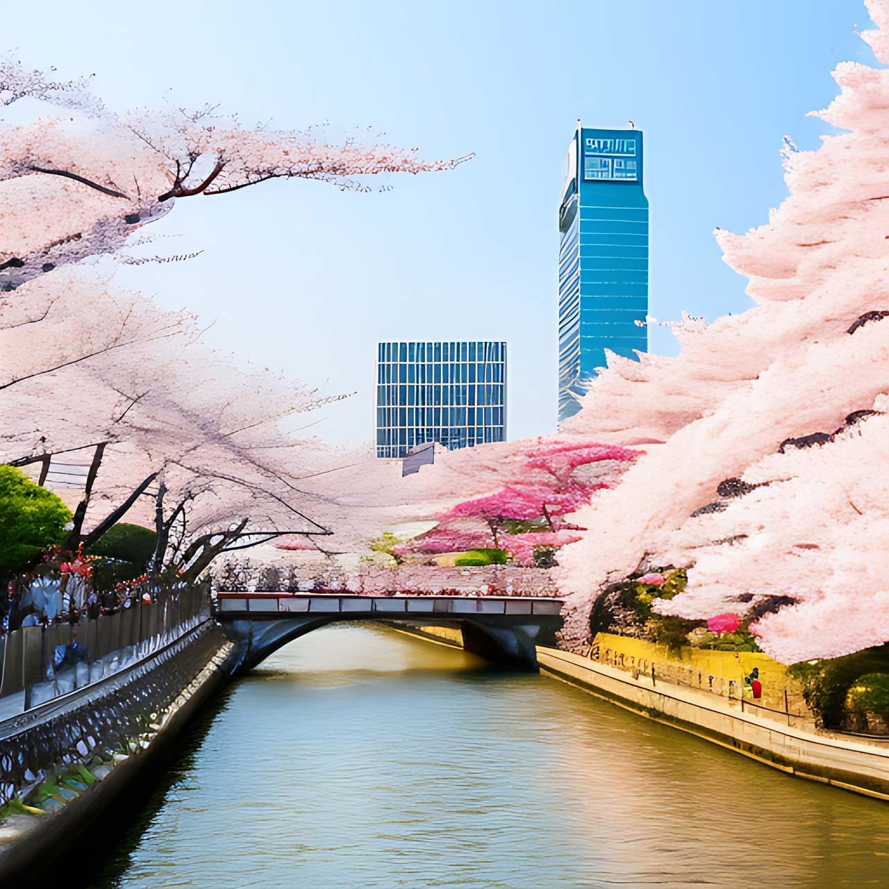 Cherry blossoms and tall buildings at Tokyo in Spring
