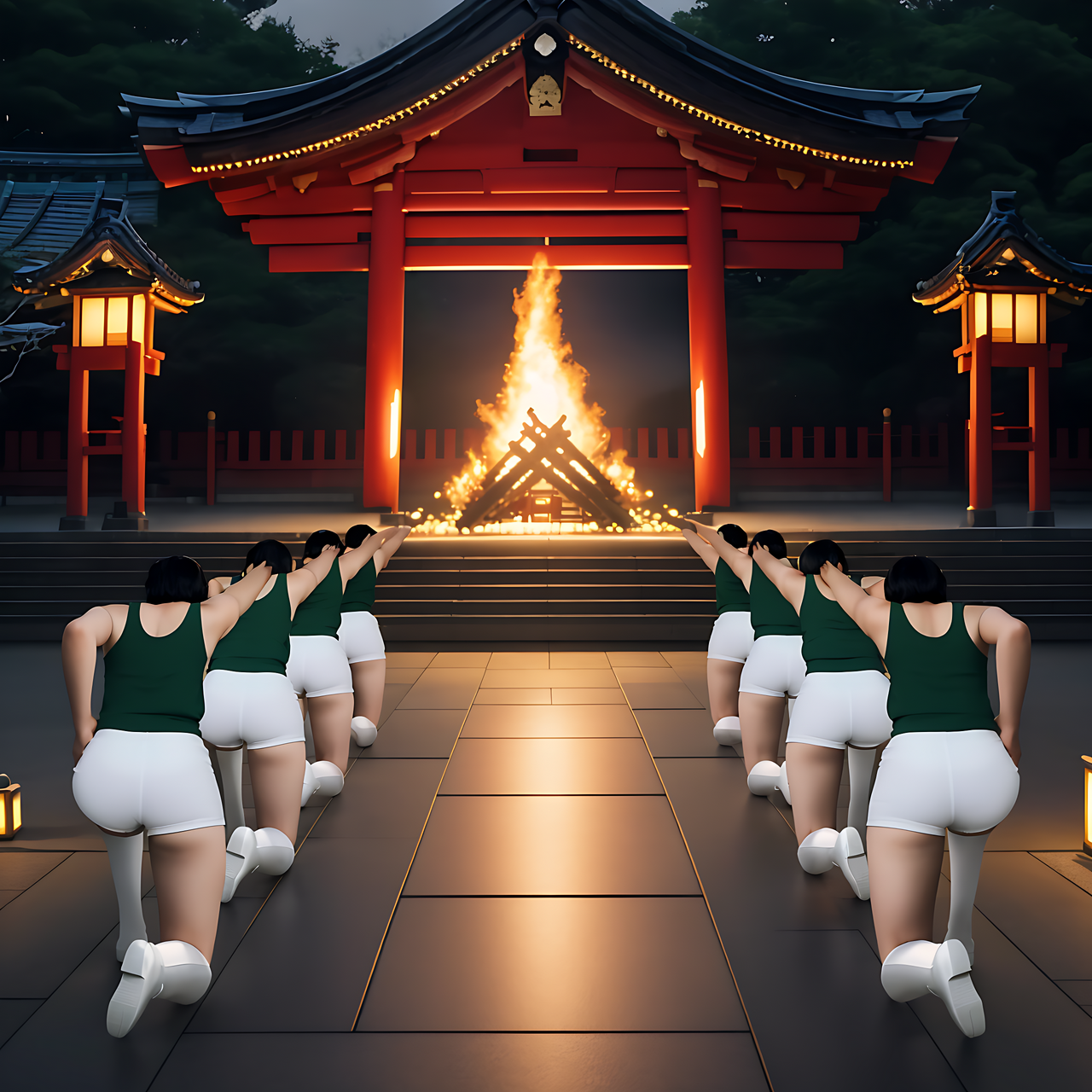 best quality,8k, realistic, masterpiece, RAW photo, back view, Some tall Japanese voluptuous short-haired intelligent beautiful girls are dancing to pray for rain in front of the temple.