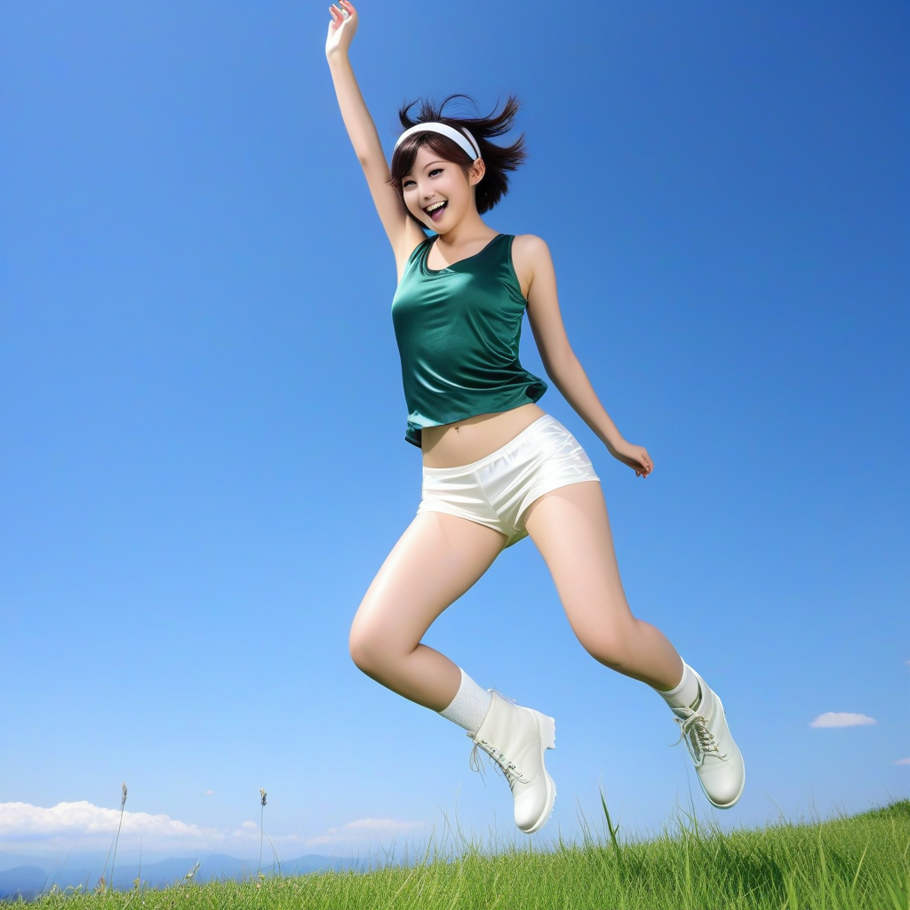 best quality,8k, realistic, masterpiece, RAW photo, a tall Japanese voluptuous short-haired intelligent beautiful girl jumping happily under the blue sky, wearing dark green headbands, dark green tanktops, white tight silky hotpants, white long boots.