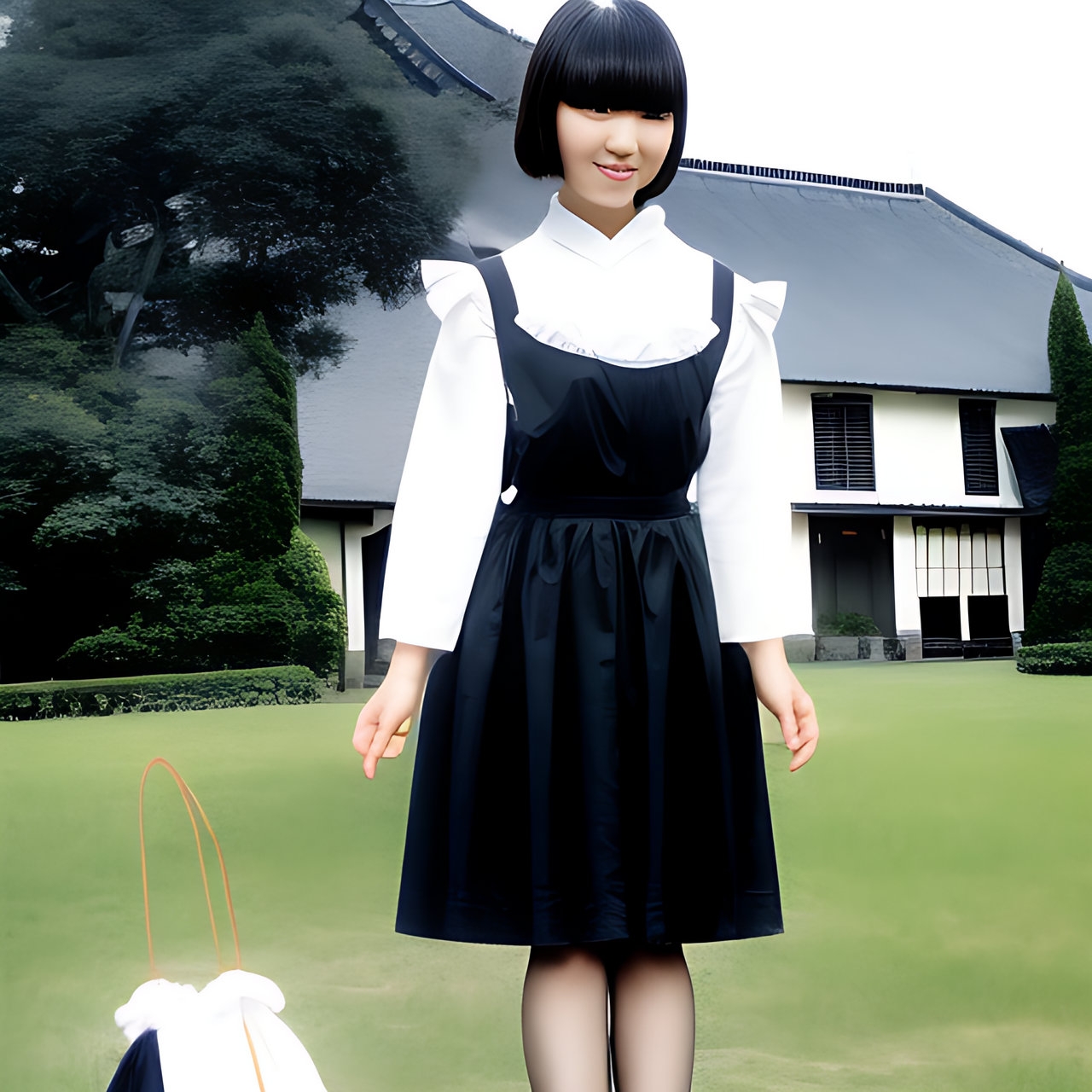 a tall Japanese voluptuous short-haired intelligent beautiful girl in front of the entrance of her master's mansion, wearing French maid dress.