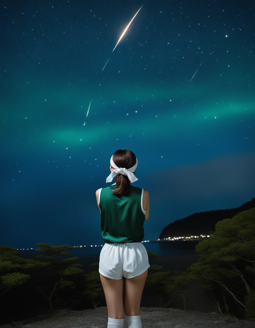 best quality, realistic, RAW photo, back view, a tall ((Japanese)) large breasts wide-hipped short bobbed haired intelligent beautiful girl watching a shooting star at midnight, cool beauty, wearing ((dark green headband)), ((dark green happi)), ((dark green tanktops with a large open chest area)), ((white tight silky hotpants)), ((white long boots)).