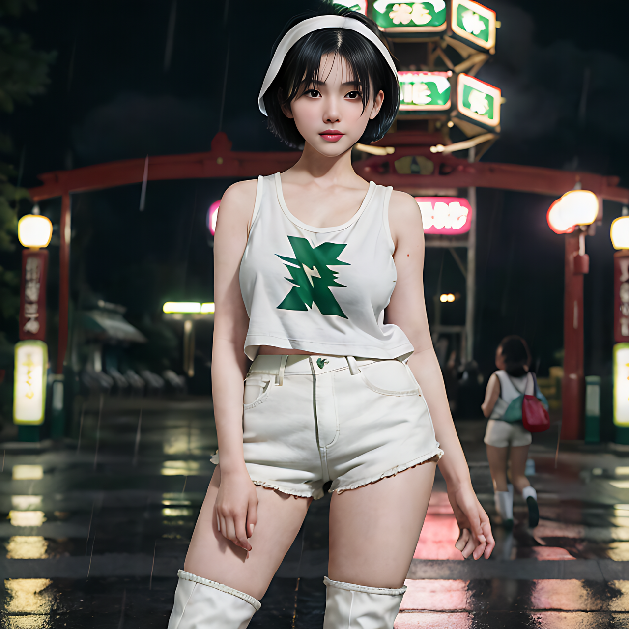 best quality,8k, realistic, masterpiece, RAW photo, front view, a tall Japanese voluptuous short-haired intelligent beautiful girl  in front of the entrance of the amusement park in the rainy evening with lightning, wearing dark green headbands, white tight hotpants, dark green tanktops, white boots.