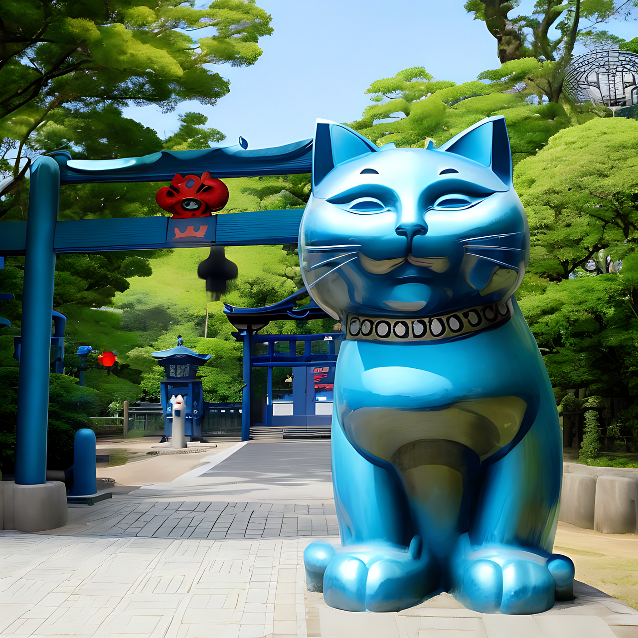 Blue Manekineko in front of the gate of the park.