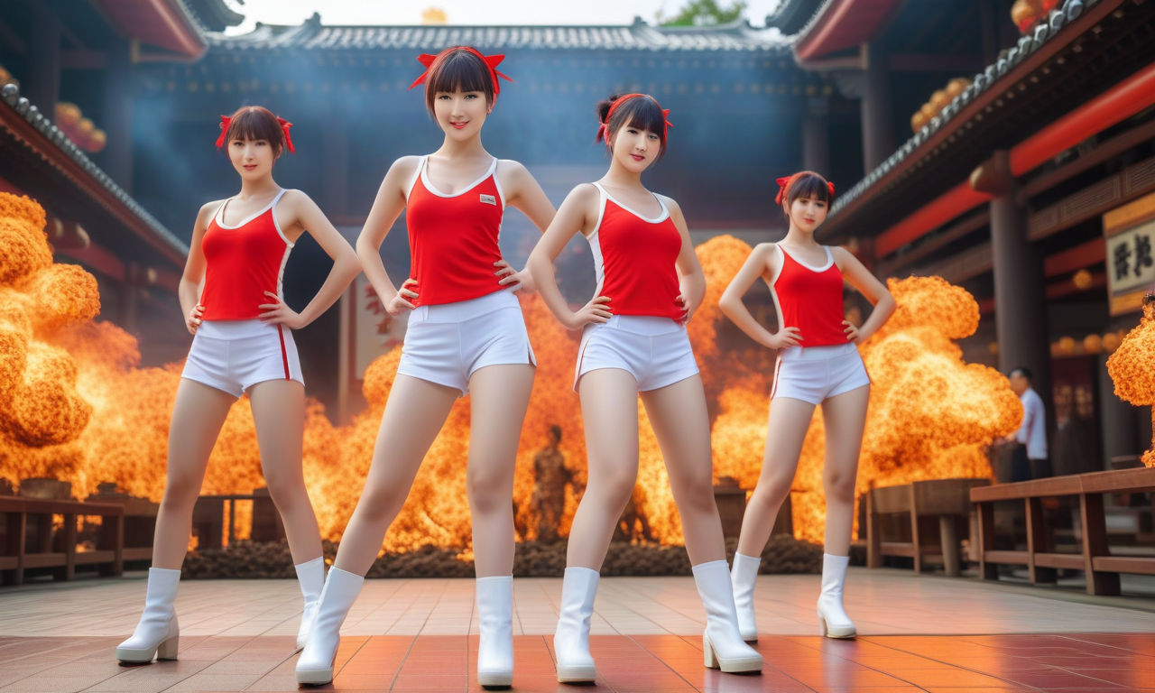 best quality,8k, realistic, masterpiece, RAW photo, some tall Japanese voluptuous short-haired intelligent beautiful girls are dancing at a place with conflagration in expo, exciting.