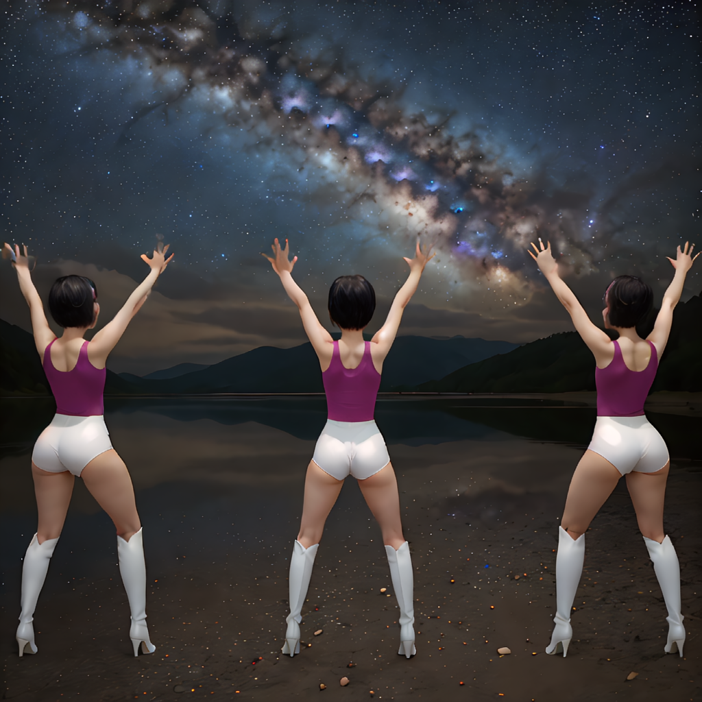 best quality,8k, realistic, masterpiece, RAW photo, full body, back view, Some tall Japanese voluptuous short-haired intelligent beautiful girls are watching Milky Way and praying.