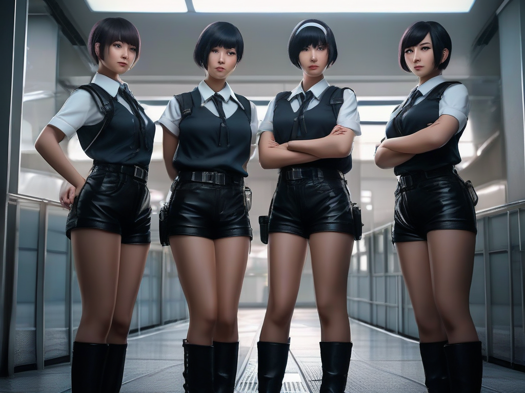 best quality,8k, realistic, masterpiece, RAW photo, low angle shot, 3 evil tall Japanese voluptuous short-haired intelligent beautiful girls are standing but looking down on the viewer.