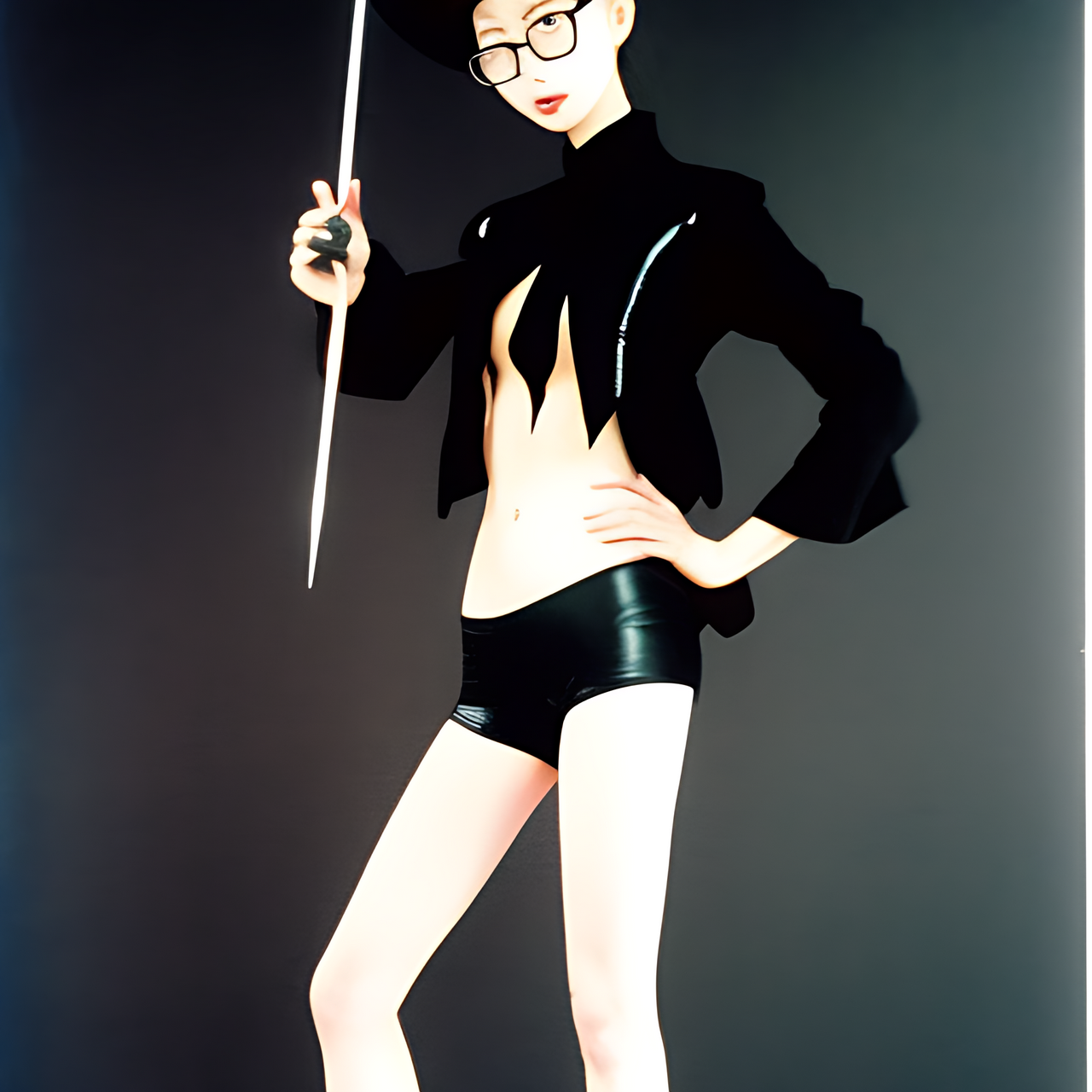 full body, a tall Japanese voluptuous short-haired intelligent beautiful witch, standing in the model's pose, wearing black pointy hat, black tight silky hot pants, black tank tops, black long boots, black coat, silver glasses, holding a magic wand.