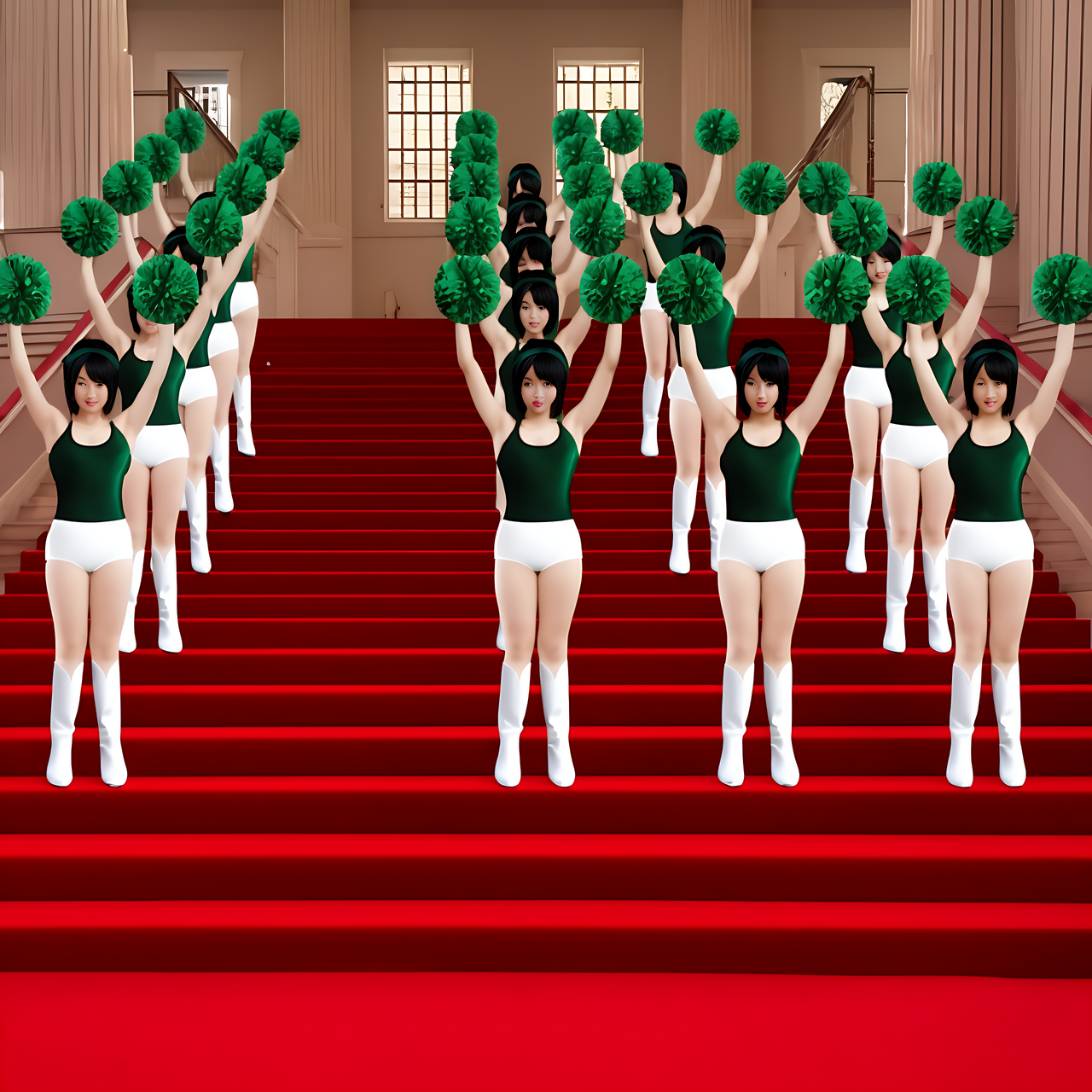 tall Japanese voluptuous short-haired intelligent beautiful cheerleaders are raising their hands with ponpons at stairs in the hall.