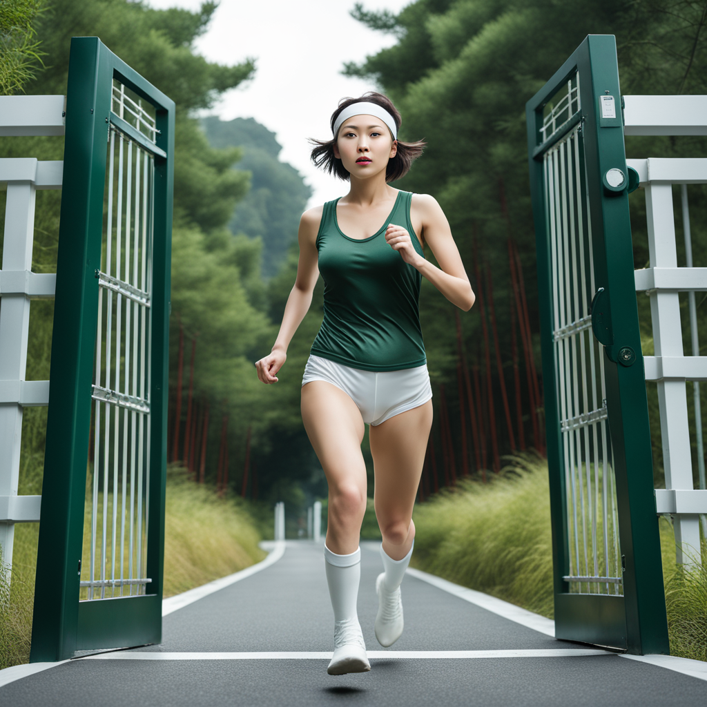 best quality, realistic, RAW photo, low angle shot, full body, a tall ((Japanese)) large breasts wide-hipped short bobbed haired intelligent beautiful girl running, reaching the gate of goal in early morning, cool beauty, wearing ((dark green headbands)), ((dark green tanktops with a large open chest area)), ((white tight silky hotpants)), ((white long boots)).