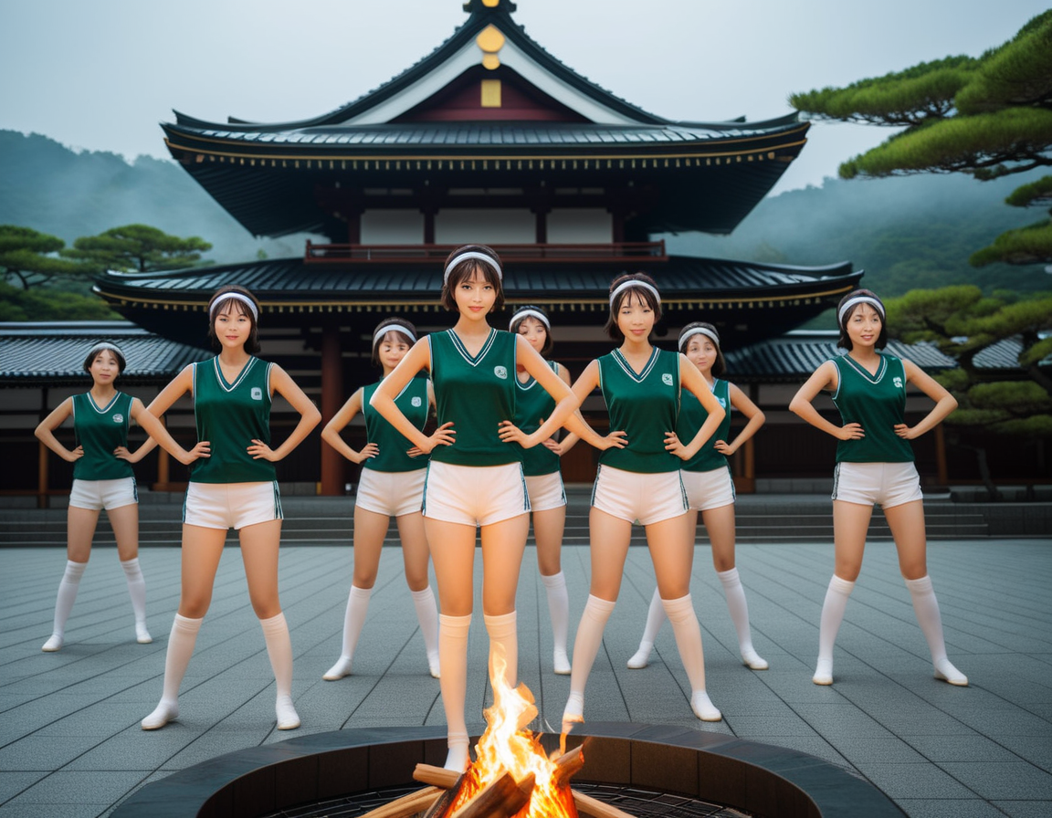 best quality, realistic, RAW photo, high angle shot, Some tall ((Japanese)) large breasts wide-hipped short bobbed haired intelligent beautiful girls are dancing to pray for rain around bonfire at center of plaza in front of the temple, cool beauty, exciting.