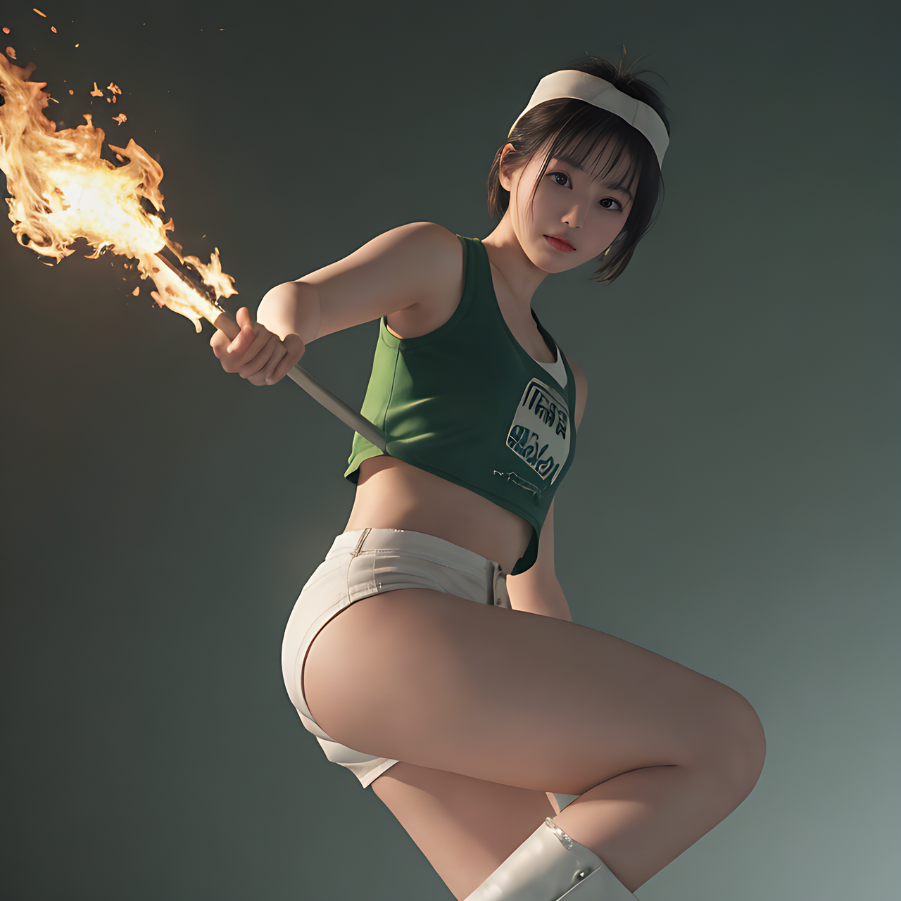 best quality,8k, realistic, masterpiece, RAW photo, low angle shot, Some tall Japanese voluptuous short-haired intelligent beautiful girls are doing fire twirling.