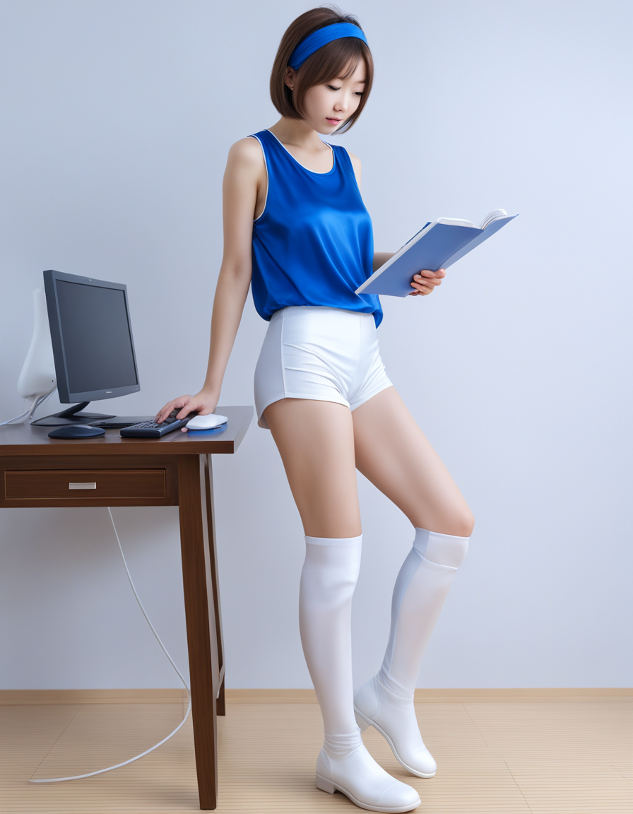 best quality, realistic, RAW photo, extremely detailed, a tall ((Japanese)) large breasts wide-hipped short bobbed haired intelligent beautiful girl using computer and reading some documents, cool beauty, wearing ((saphire blue headbands)), ((saphire blue tanktops with a large open chest area)), ((white tight silky hotpants)), ((white long boots)).